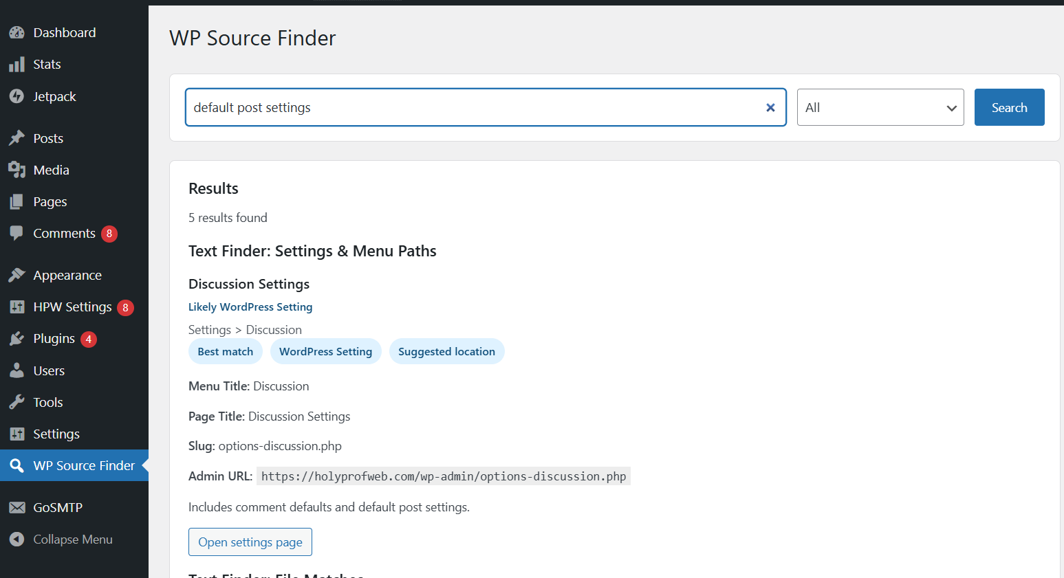 Holyprof Source Locator — full search results page with grouped matches